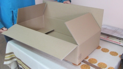 Opakowanie tekturowe klapowe, karton klejony bądź szyty, wykonany z tektury trójwarstwowej szarej