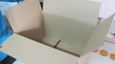 Karton klapowy, klejony bądź szyty, wykonany z tektury trójwarstwowej szarej