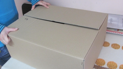 Opakowanie z tektury, karton klapowy, szyty, wykonany z tektury trójwarstwowej szarej